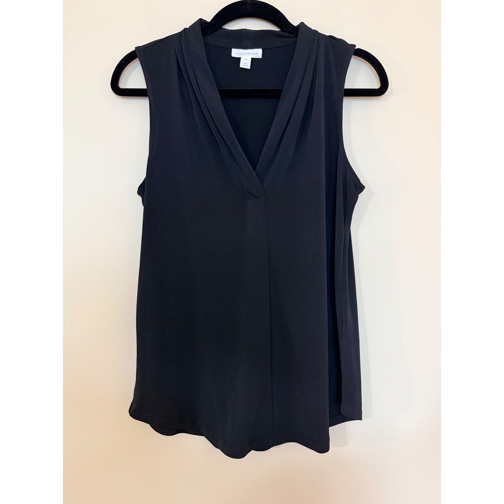 Charter Club Womens Black V-Neck Sleeveless Pleated Blouse Top PM Petite Medium